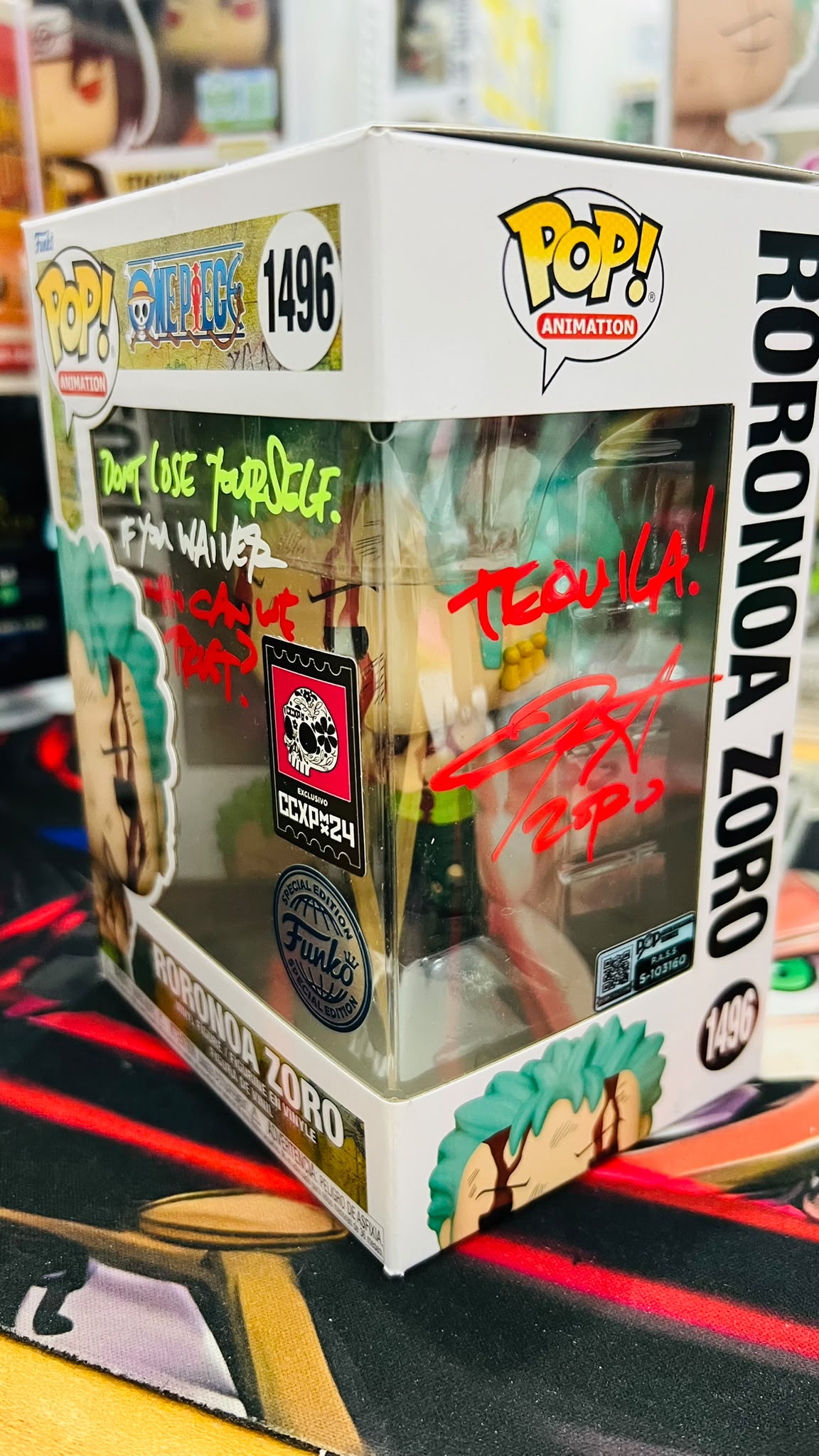Funko Pop! One Piece: Roronoa Zoro CCXP24 Exclusives (Error glow) - Sign By ENG VA with Cert and Custom HardStack