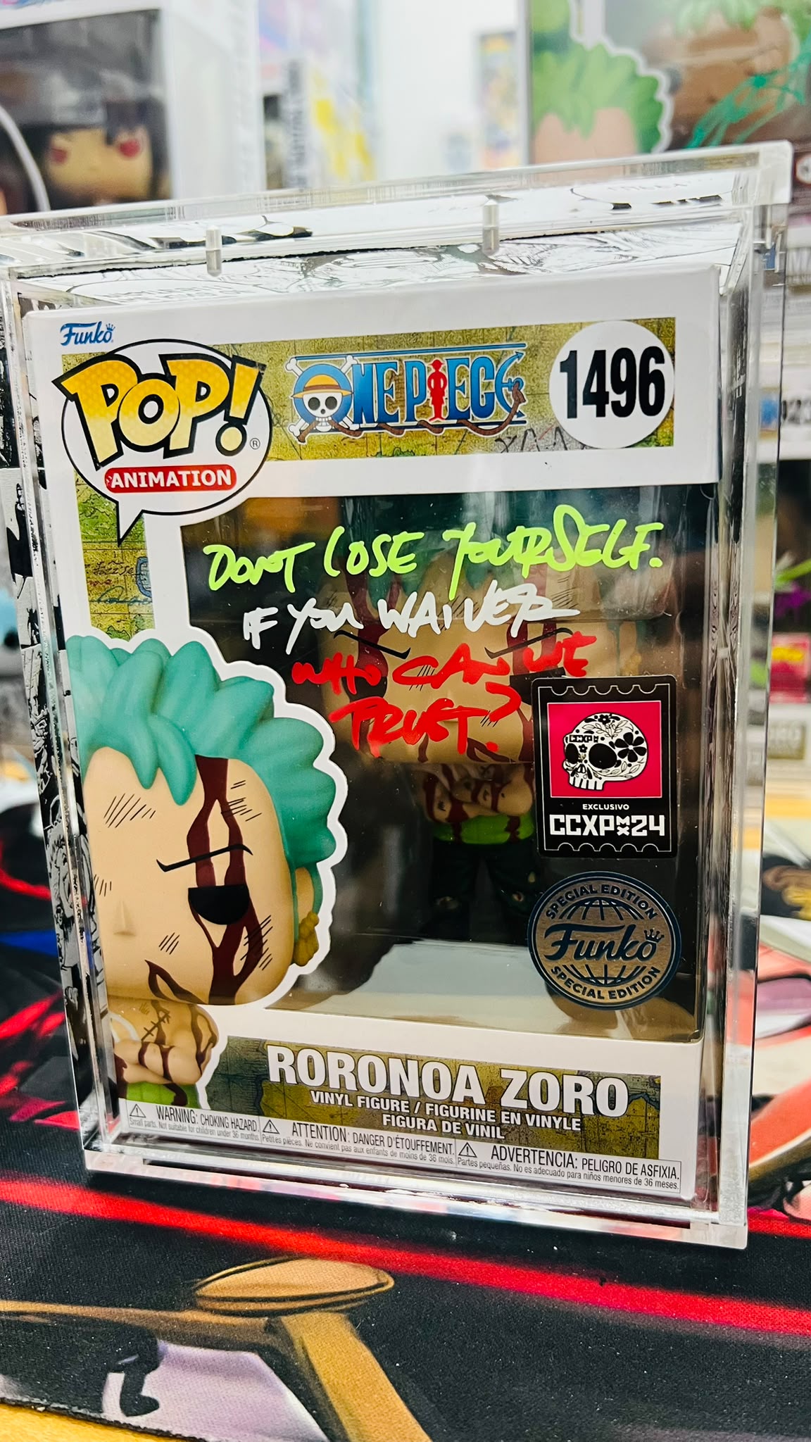 Funko Pop! One Piece: Roronoa Zoro CCXP24 Exclusives (Error glow) - Sign By ENG VA with Cert and Custom HardStack