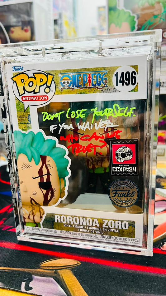 Funko Pop! One Piece: Roronoa Zoro CCXP24 Exclusives (Error glow) - Sign By ENG VA with Cert and Custom HardStack