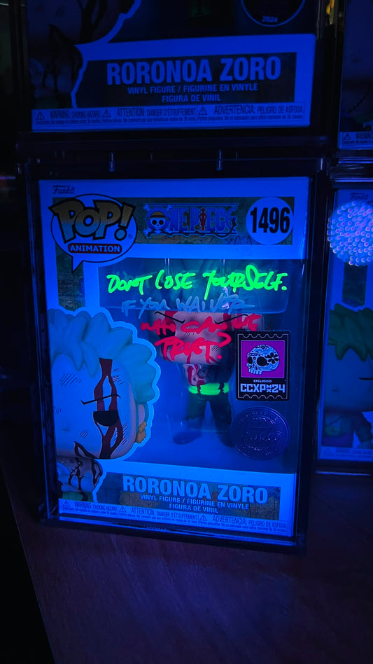 Funko Pop! One Piece: Roronoa Zoro CCXP24 Exclusives (Error glow) - Sign By ENG VA with Cert and Custom HardStack