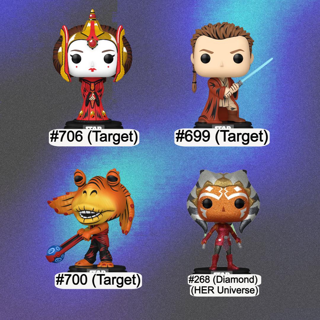 Funko Pop! Star Wars: QueenAmidala (Retro) (Target) - Obi-Wan (Padawan) Jar Jar Binks (Retro)(Target) -  (Target) - Ahsoka (Diamond) - Darth Maul (Target)
